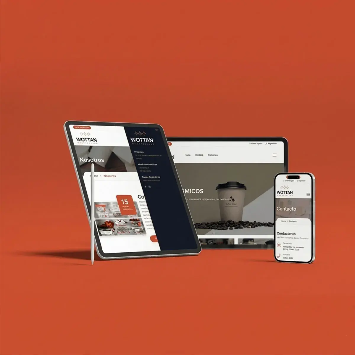 Mockup en laptop y smartphone de página web corporativa diseñada para la marca Wottan.