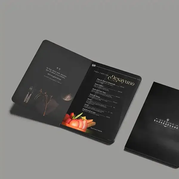 Diseño de menús y papelería de marca para Querido Shakespeare por Barucck Agencia de Marketing Digital